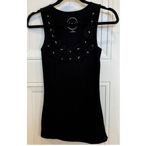 INC International Concepts Black Tank Top 3D Rosettes Rhinestones Ribbed M EUC